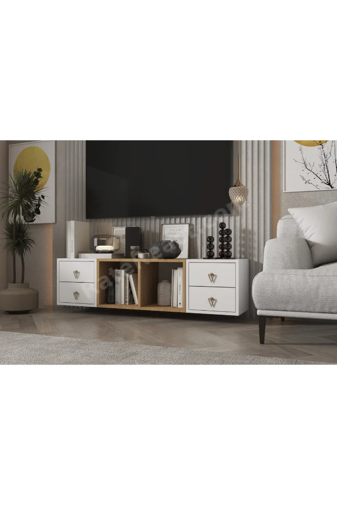 Meşe Beyaz TV Ünitesi 4 Çekmeceli ve Açık Raflı Duvara Monte NRG-TVT-1029