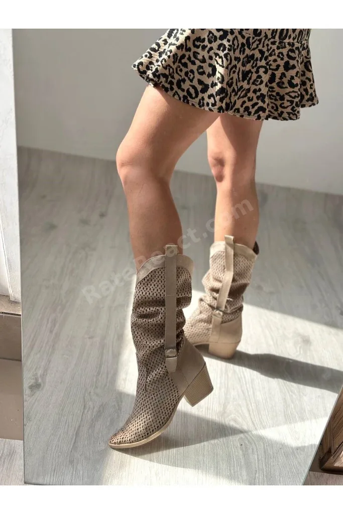 Bej Süet Delikli Western Tarzı Yazlık Çizme