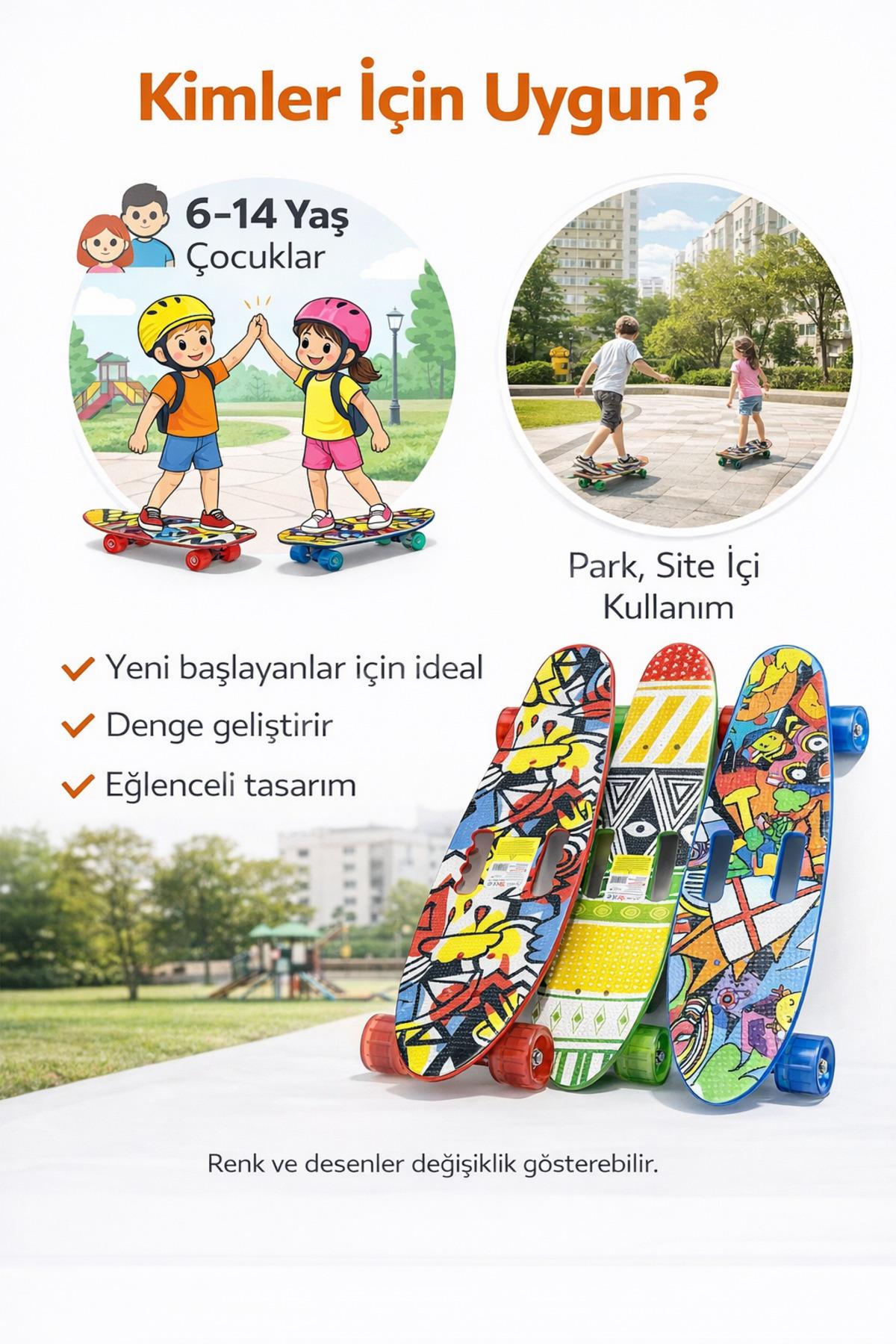 Penny Board Kaykay 80 cm – Çocuk & Gençler İçin Kaymaz Yüzeyli Renkli Tekerlekli – Karışık Desen