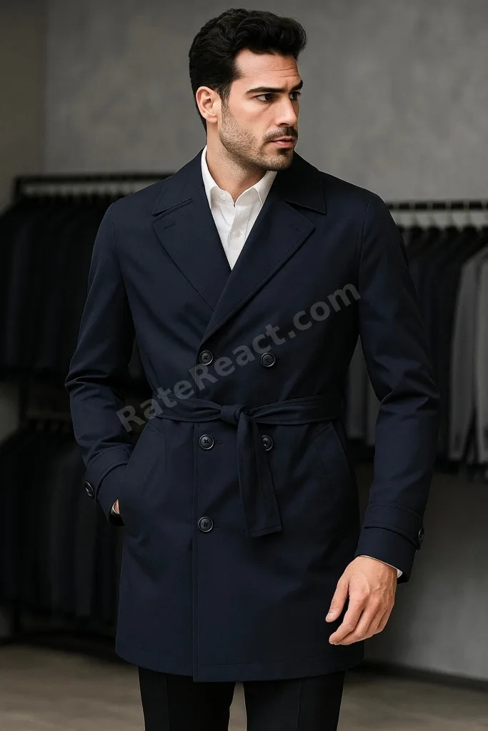 Erkek regular fit lacivert kruvaze trençkot kuşaklı(çıkarılabilir) likralı kumaş