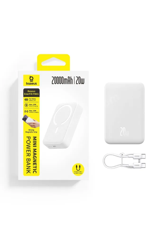 EnerFill FM41 Mini Magsafe Powerbank 20.000 mAh 20W - Beyaz (C'den C'ye 20V/3A 30cm beyaz kablolu)