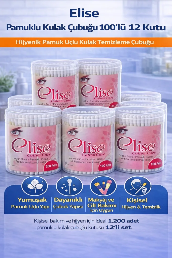 Elise Pamuklu Kulak Çubuğu 100'lü 12 Kutu Toplam 1200 Adet Pamuk Uçlu Kulak Temizleme Çubuğu Seti
