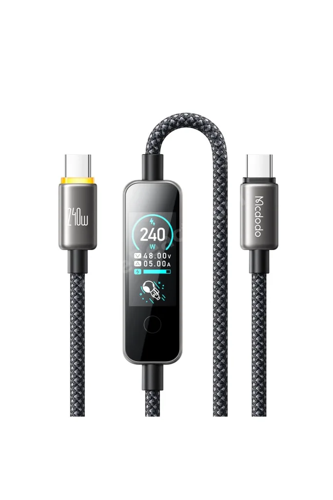 CabVision 240W Usb -C To Usb-C TFT Ekranlı Dokunmatik Mod 1.2 Metre Siyah Örgü Şarj Ve Data Kablosu