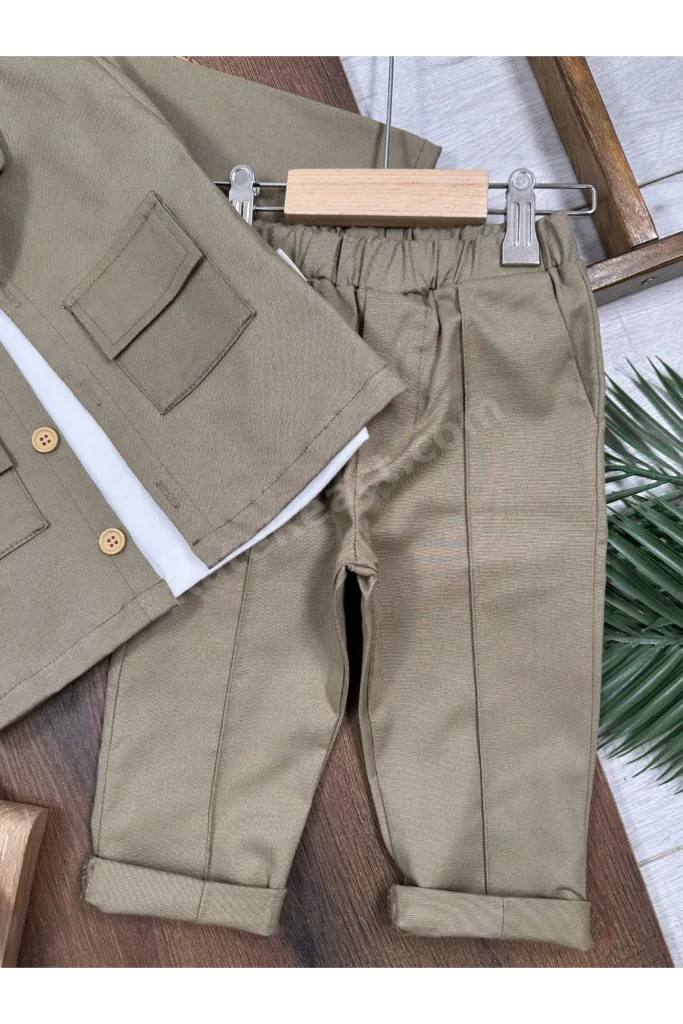 Gabardin Safari Ceket Badili Likralı Mevsimlik 3lü Erkek Bebek ve Çocuk Takım
