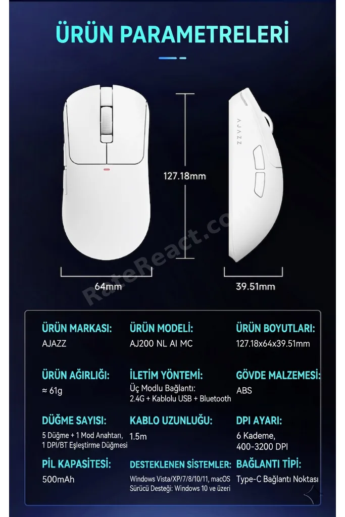 Aj200 NL AI Yapay Zeka Sesli Komut Destekli Near-Link 3 Modlu Kablosuz Oyuncu Mouse
