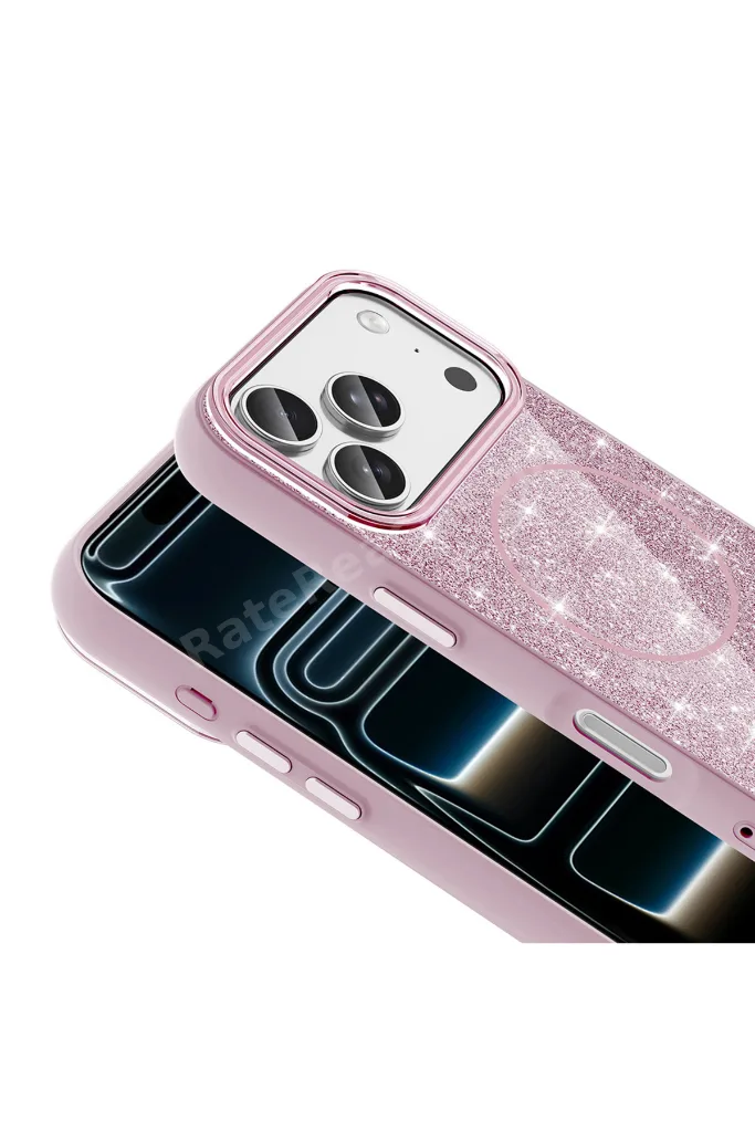 iPhone 17 Pro Max uyumlu Kılıf Magsafe Şarj Özellikli Parlayan Simli Okso Kapak T39588 - Pembe