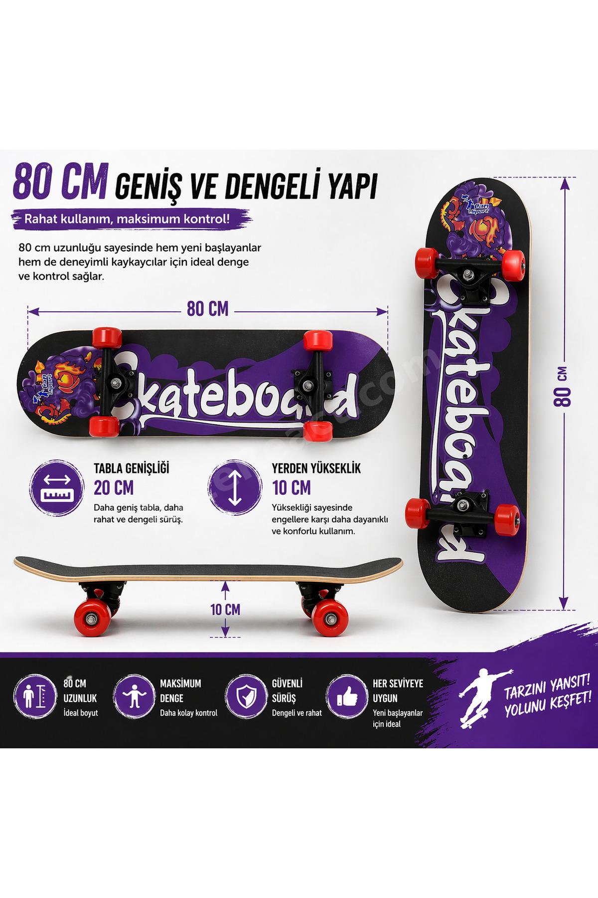 80 Cm Mor Skateboard Kaykay Kırmızı Teker Çocuk Genç Yetişkin Hazır Kurulu Kaymaz Yüzeyli Board
