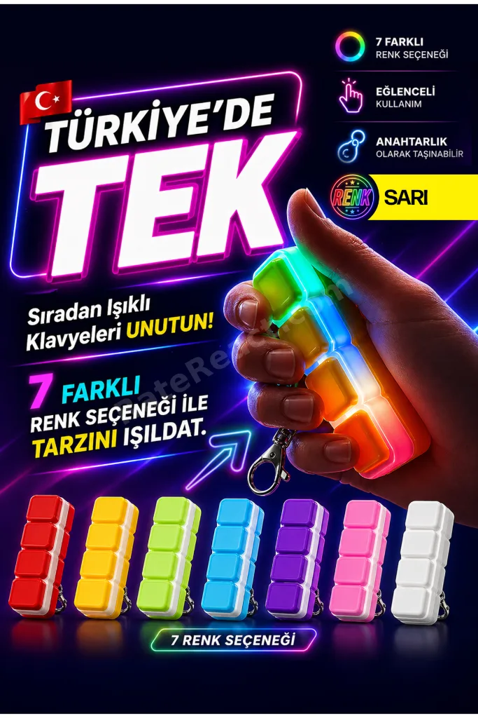 Işıklı Klavye Anahtarlık (Sarı) - Yavaş ve Hızlı Rastgele Tüm Renkler - Stres Giderici Klavye