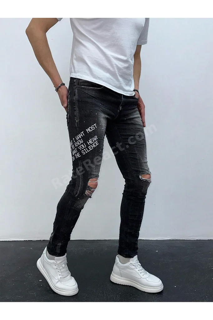 Erkek Füme Yazı Baskılı Yırtık Detay Slim Fit Skinny Jean Pantolon