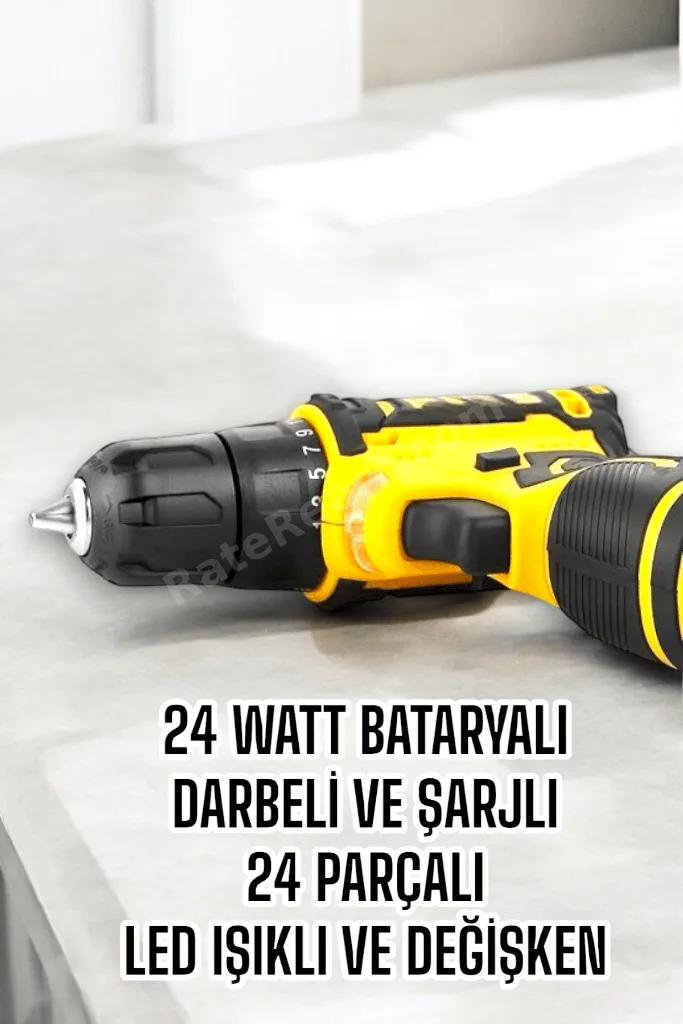SEMEGLBL Çift Bataryalı Metal Dişli Darbeli Şarjlı Matkap Seti 24W Güç ve 24 (232854) Parça Aksesu