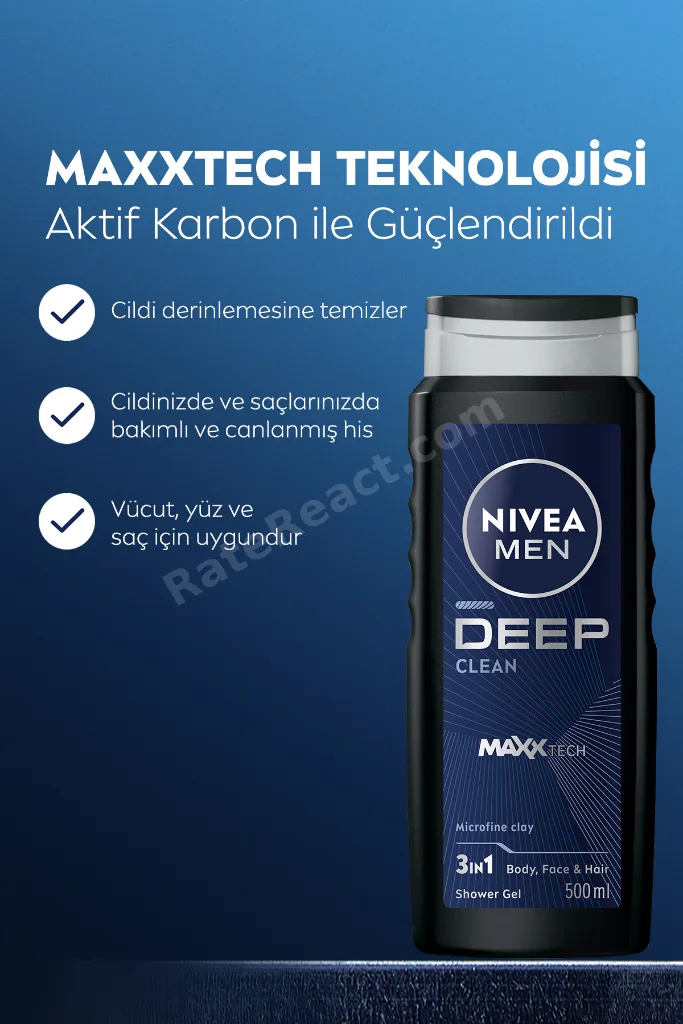 MEN Erkek Deep Clean Banyo Ve Duş Jeli 500ml, Vücut Saç Yüz İçin, Erkeksi Koku, Lif Hediyeli