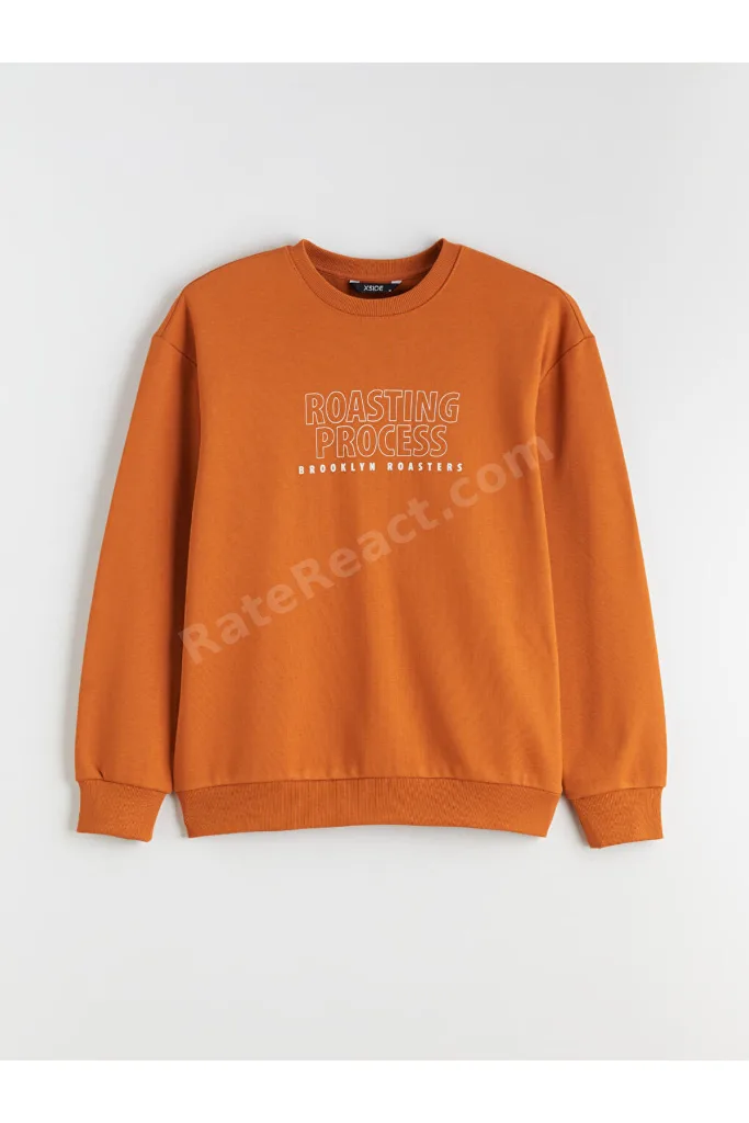 Turuncu Bisiklet Yaka Baskılı Erkek Kalın Sweatshirt