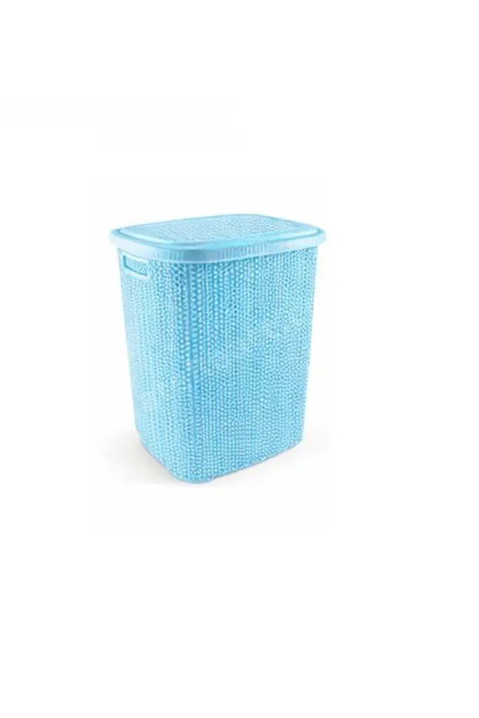 Kirli Çamaşır Sepeti Kapaklı 65 LT Örgü Desenli Plastik Çamaşır Sepeti Banyo Sepeti - Mavi