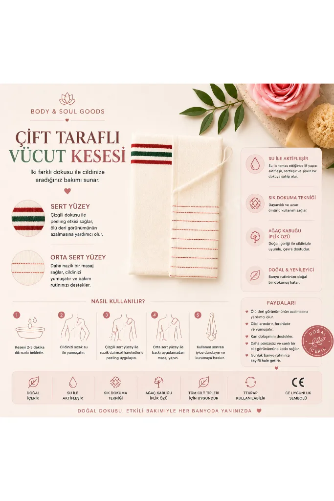 Body & Soul Goods Çift Taraflı Hamam ve Banyo Kesesi | Sert & Orta Sert Vücut Peeling Kesesi