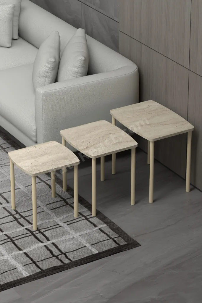 Traverten Geniş Yüzeyli Modern 3lü Zigon Zehpası Servis Sehpası Çay Sehbası