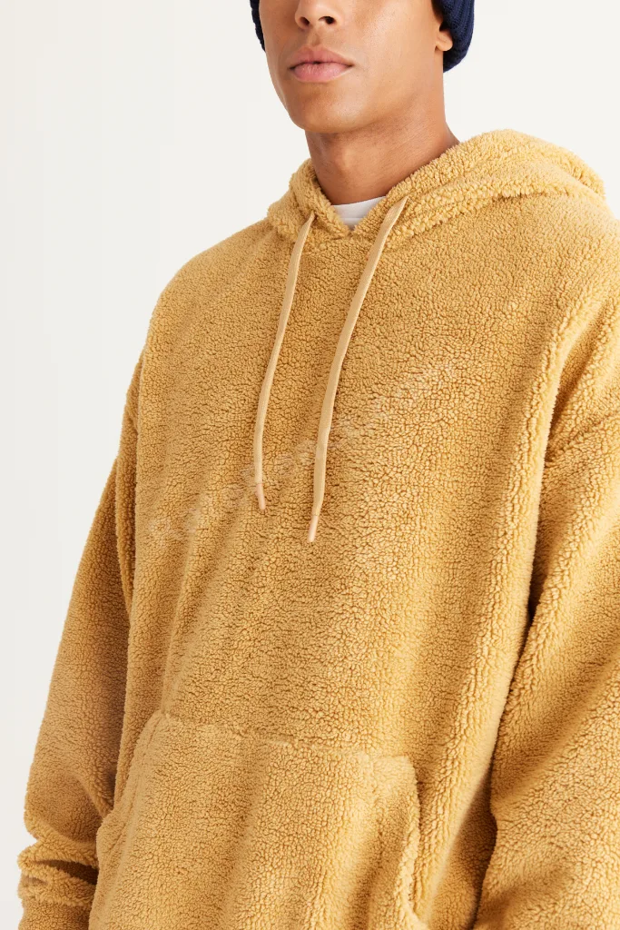 Erkek Hardal Oversize Bol Kesim Kapüşonlu Sherpa Sweatshirt Polar