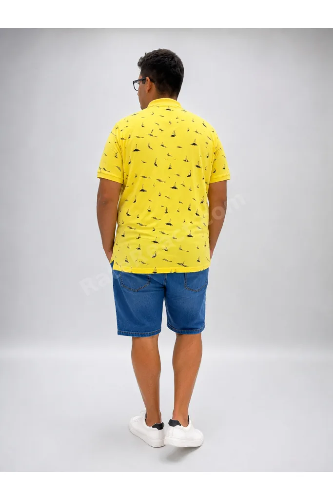 Büyük Beden Polo Yaka Düğmeli Yelken Figür Baskılı Erkek Tshirt