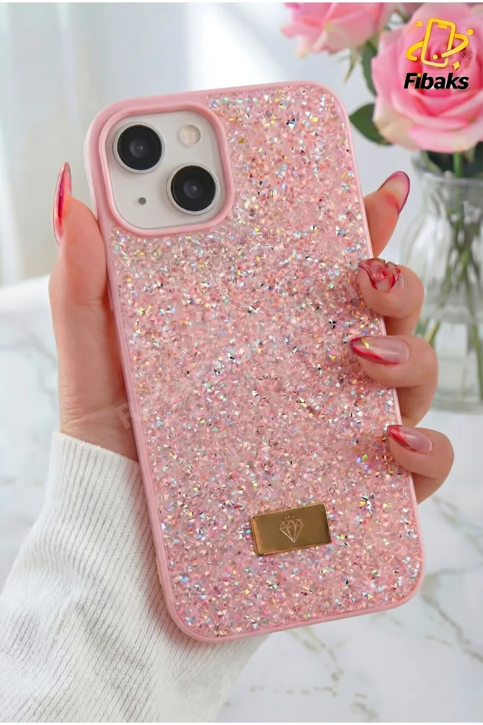 iPhone 13/14/15 Kılıf Içi Kadife Elmas Tasarımlı Pembe Taşlı Işıltılı Pırlanta Silikon