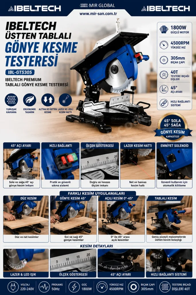 IBL-GTS305 Gönye Kesme Makinesi 305mm 1800W | Üstten Tablalı | Lazerli | Profesyonel Kesim Testeresi