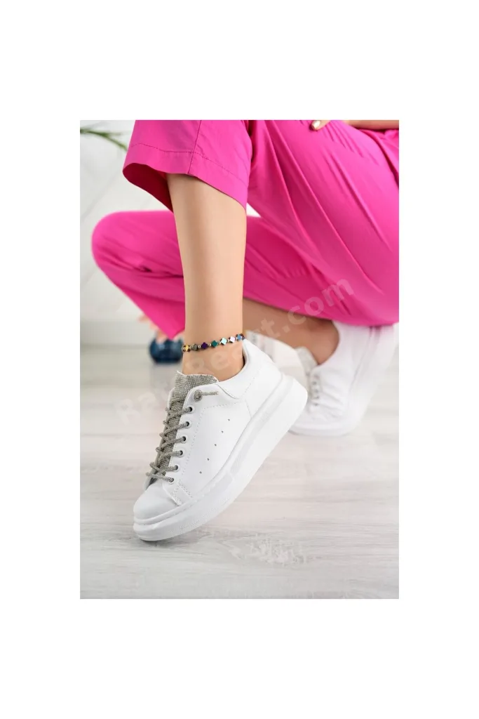 Taşlı Günlük Kullanıma Uygun Kadın Spor Ayakkabı Sneaker Bağcıklı Su Geçirmez Siyah-Beyaz-Mavi