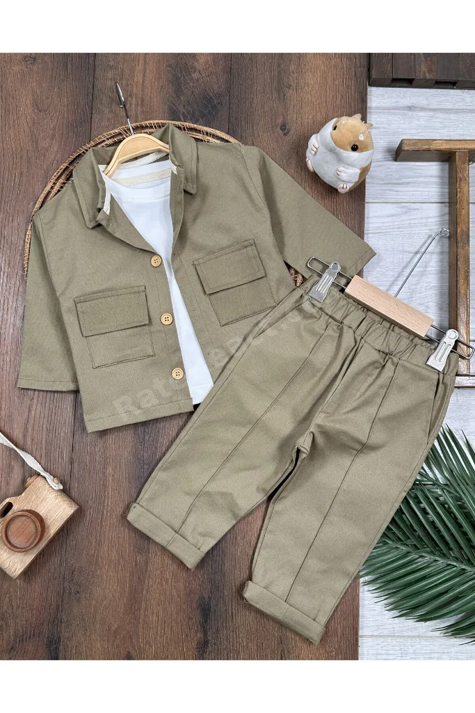 Gabardin Safari Ceket Badili Likralı Mevsimlik 3lü Erkek Bebek ve Çocuk Takım