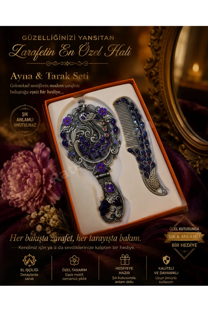 Vintage Tavus Kuşu Desenli Ayna & Tarak Seti – Dekoratif Hediyelik Kadın Bakım Seti