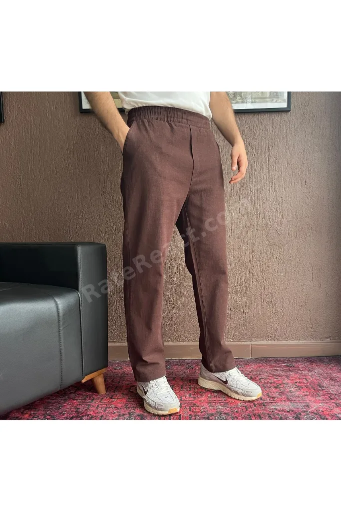 Erkek Yazlık Beli Lastikli 3 Lü Rahat Kalıp Baggy Keten Pantolon