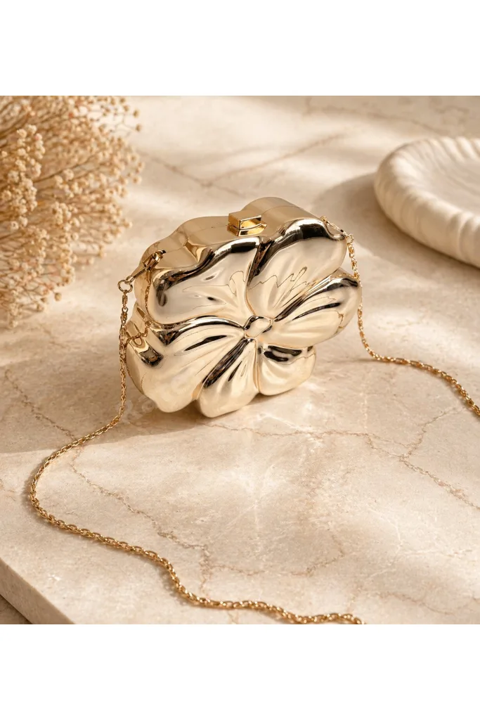 Çiçek model gold abiye çanta