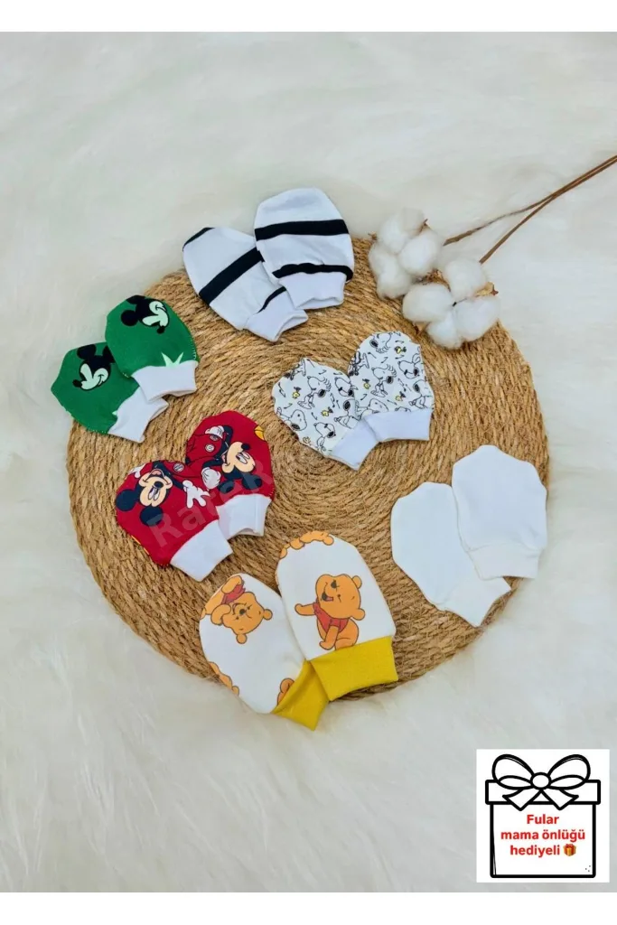 Unisex Bebek Yenidoğan Penye Organik Pamuklu Bebek Eldiveni 6 Çift Set - Mix