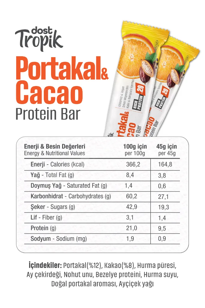 Portakal ve Kakao Aromalı Protein Bar 45 g | Protein İçeren Atıştırmalık ve Sporcu Barı | 4 Adet