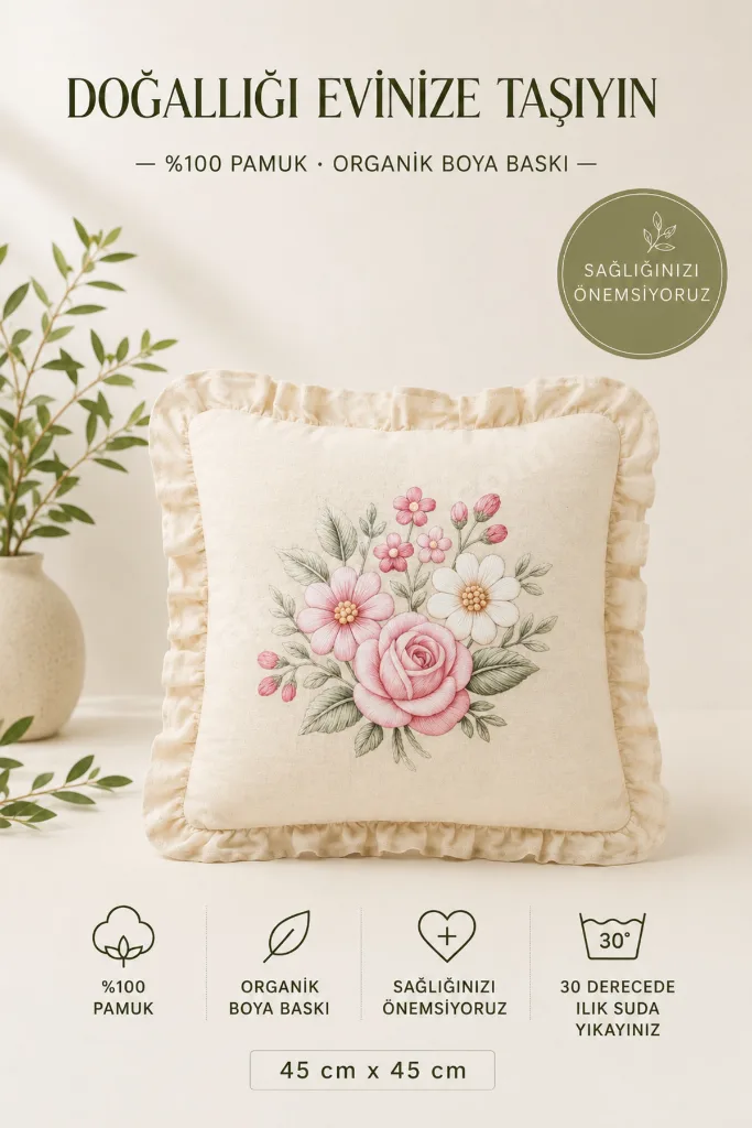 4'lü Fırfırlı Çiçek Desenli Dekoratif Kırlent Kılıfı %100 Pamuk Organik Boya Baskılı 45x45 cm
