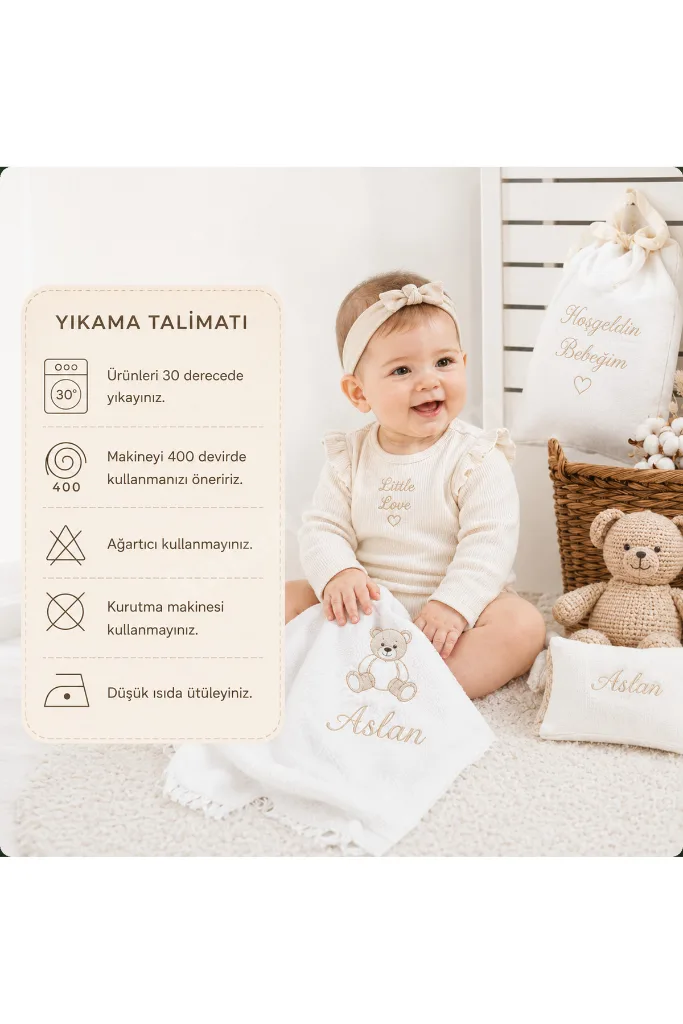 Yeni Doğan 4 Katlı % 100 Pamuklu Müslin İsme Özel Hastane Çıkışı (Mevlüt seti-Hediyelik)