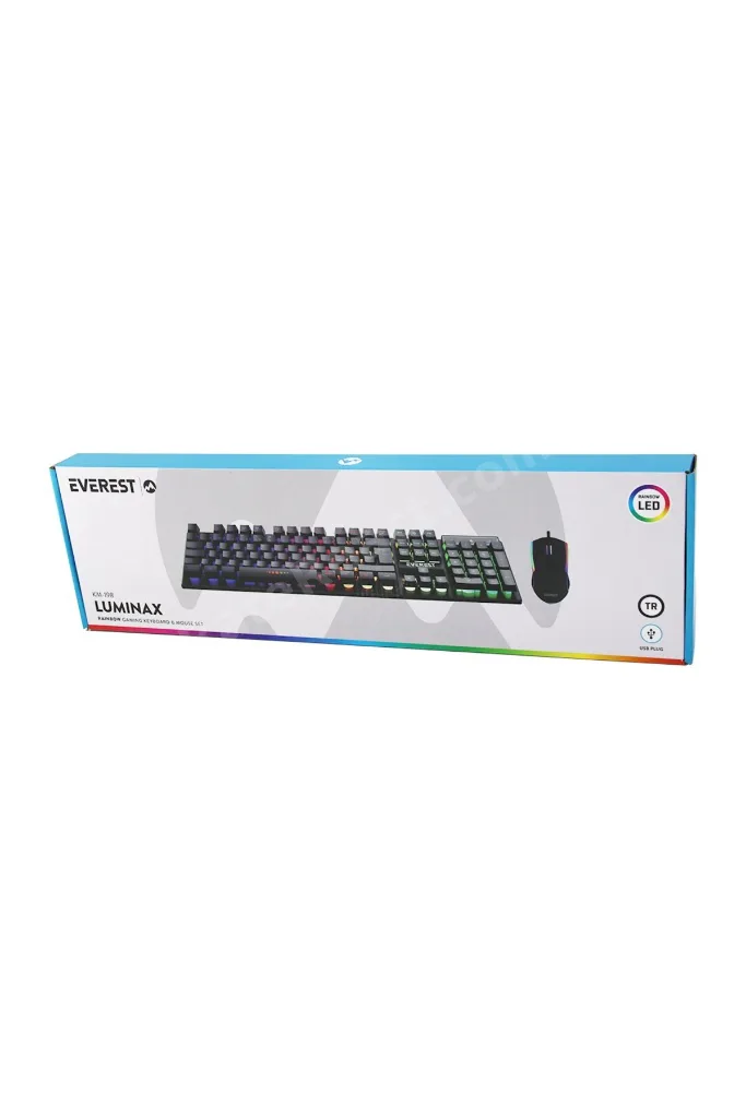 SİYAH GÖKKUŞAĞI IŞIKLI USB KABLOLU OYUNCU KLAVYE - MOUSE SET (4887) NemereHome