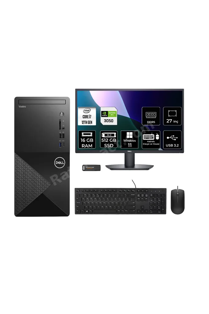 Vostro 3030MT i7 12700 16GB 512GB SSD RTX3050/6GB W11H Masaüstü Bilgisayar + 27" Monitör