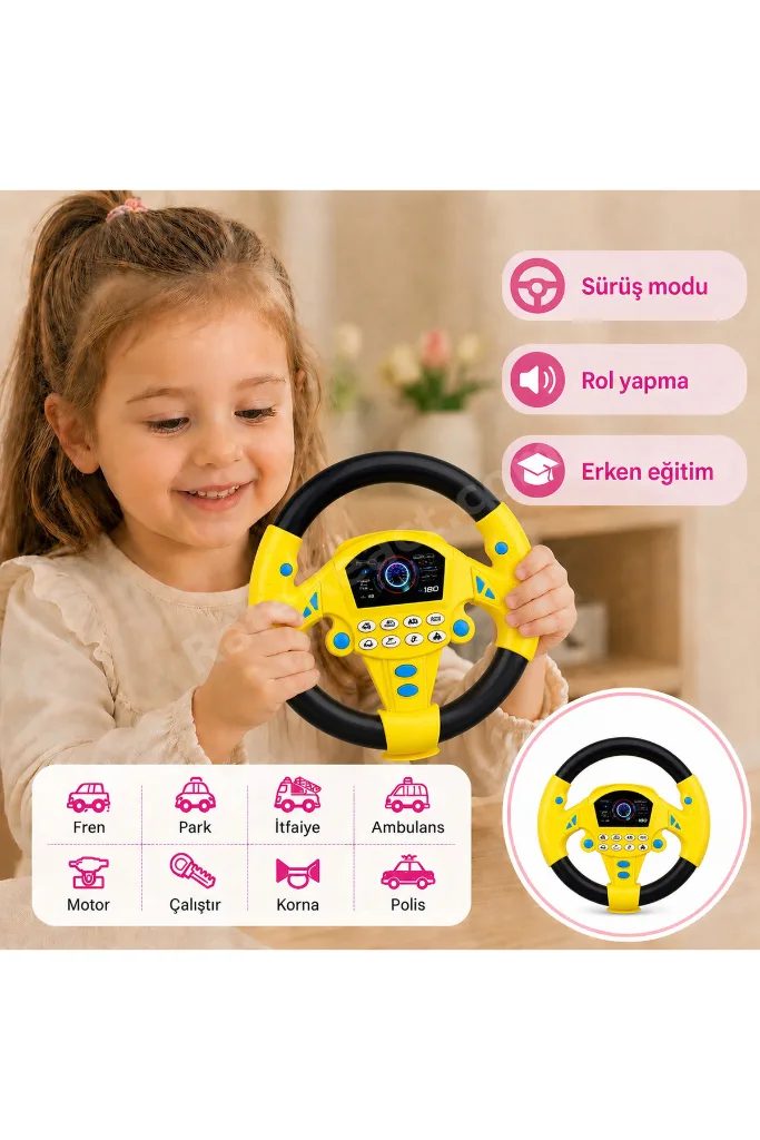 Sarı-Siyah Vantuzlu Oyuncak Direksiyon 360° Dönüşlü Sesli Çocuk Direksiyonu Eğitici Oyuncak