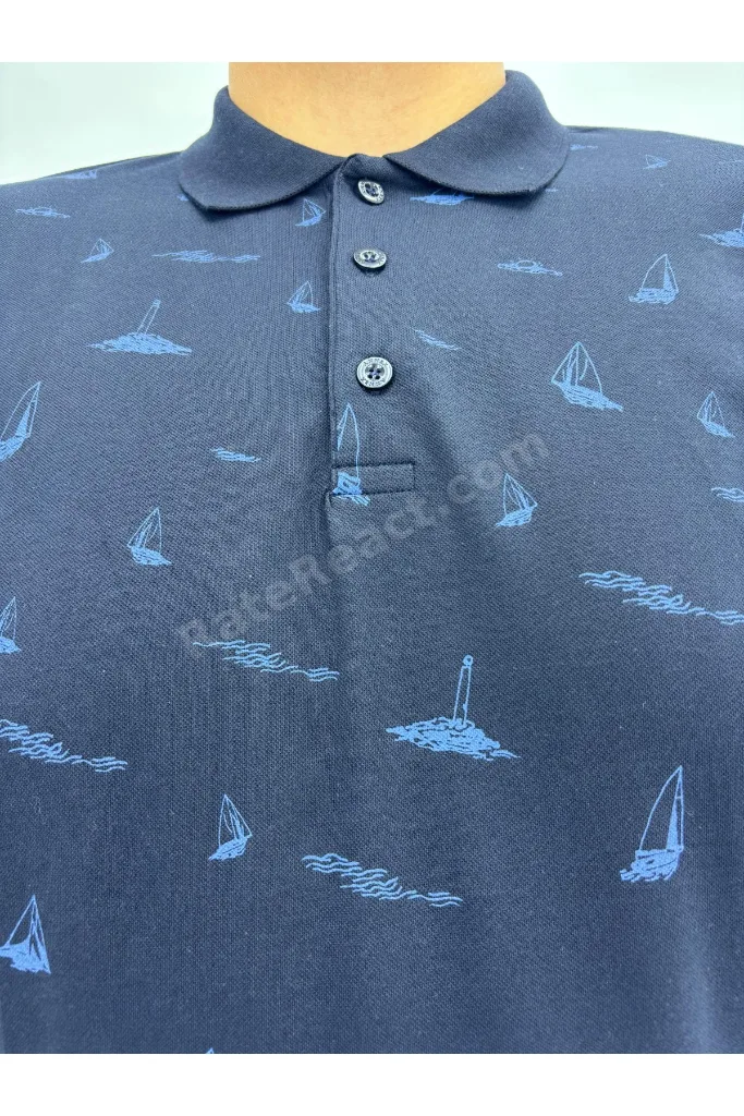 Büyük Beden Polo Yaka Düğmeli Yelken Figür Baskılı Erkek Tshirt