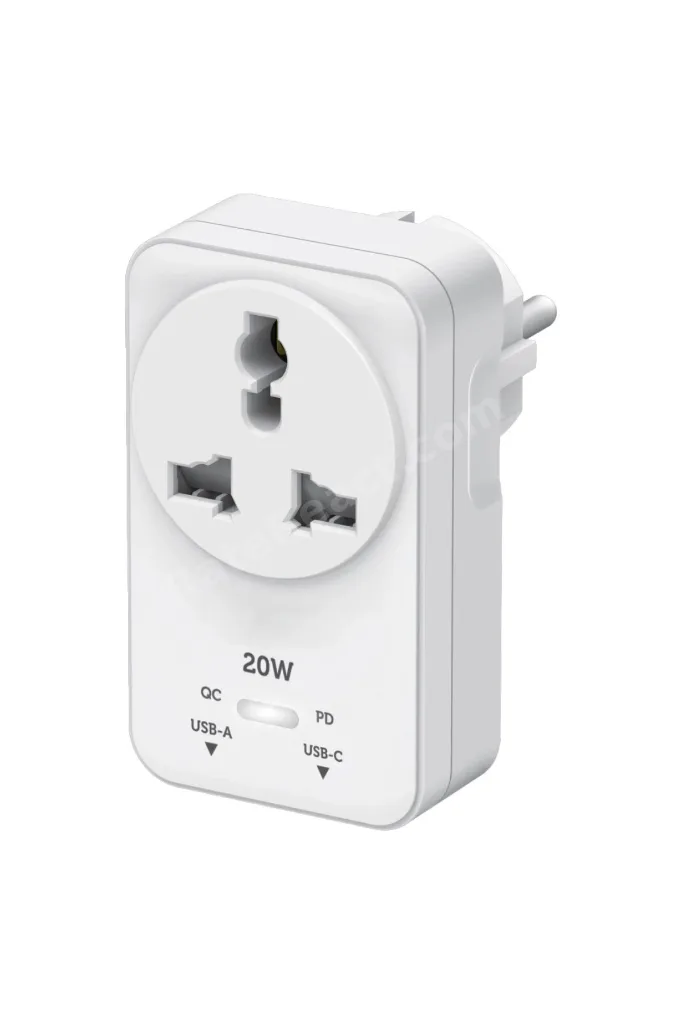 20WPD Hızlı Şarjlı Akım Korumalı Evrensel Priz Dönüştürücü Beyaz USB-C & USB-A Çıkışlı 2500W