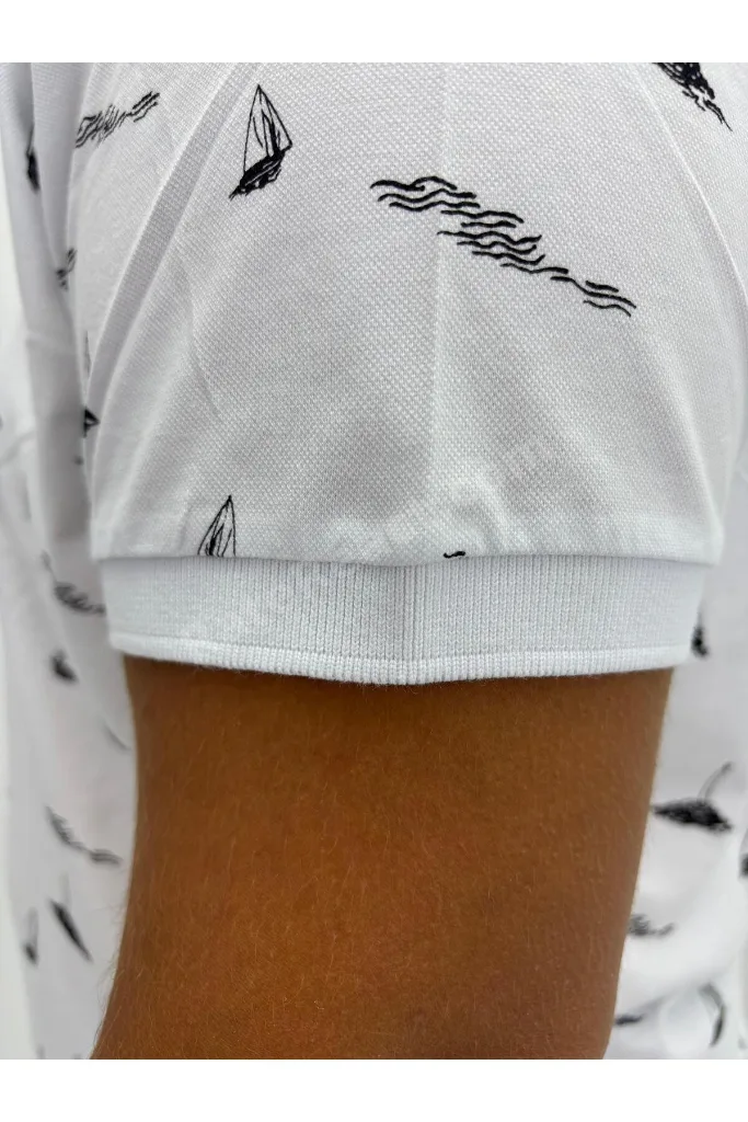 Büyük Beden Polo Yaka Düğmeli Yelken Figür Baskılı Erkek Tshirt