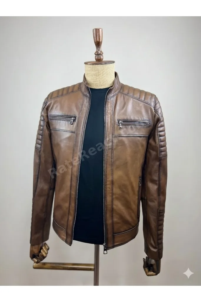 Hakiki Deri Kahverengi Eskitme Biker Erkek Mont - Kapitoneli Slim Fit Deri Ceket