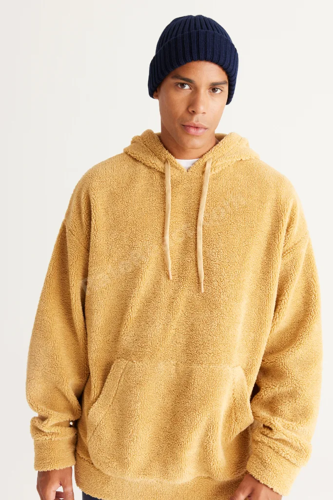 Erkek Hardal Oversize Bol Kesim Kapüşonlu Sherpa Sweatshirt Polar
