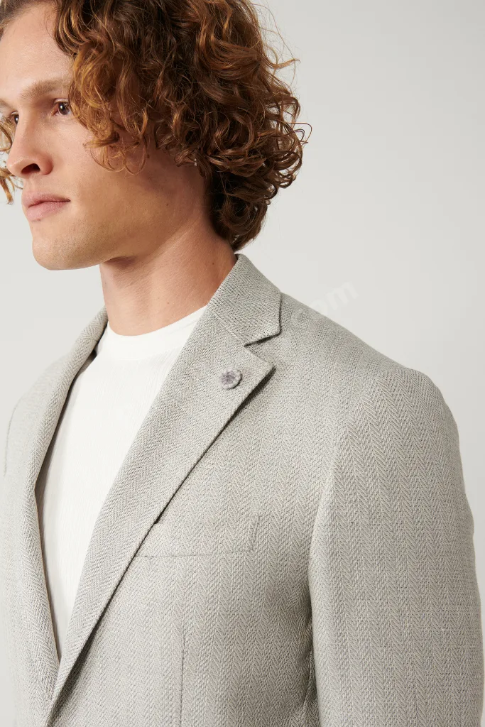 Erkek Gri Astarsız Keten Karışımlı Lightweight Comfort Slim Fit Ceket A41Y4029