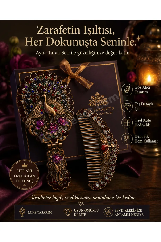 Vintage Tavus Kuşu Desenli Ayna & Tarak Seti – Dekoratif Hediyelik Kadın Bakım Seti
