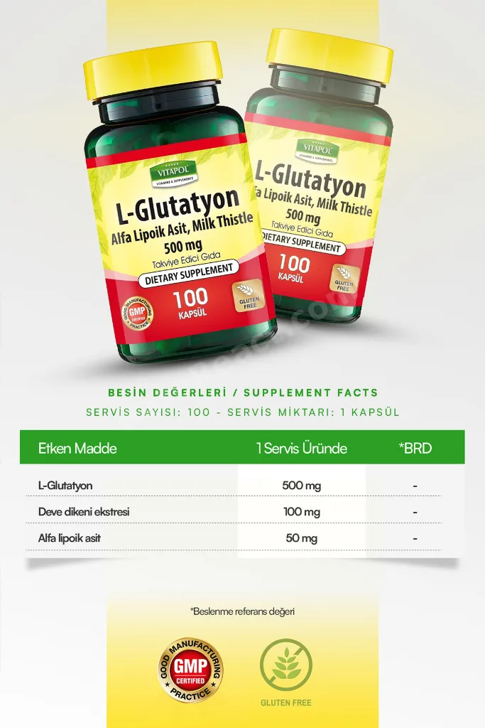 L-Glutathione, Alpha Lipoic Acid, Milk Thistle 500MG 100 Capsules Glutatyon