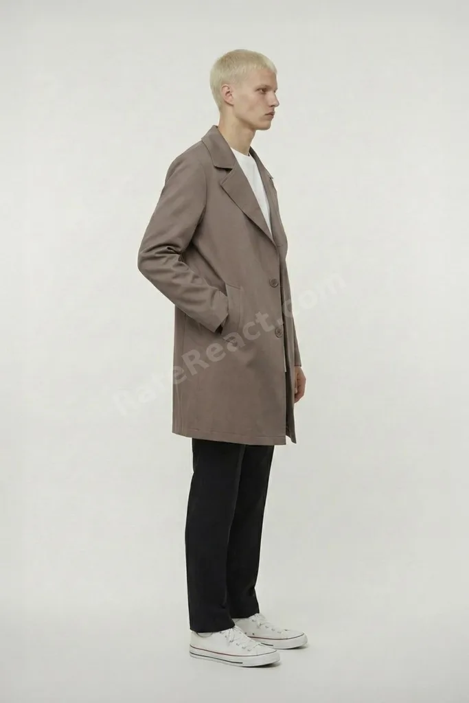 Erkek Kahve Geniş Kesim Oversize Fit Pamuklu Dokuma Yan Cepli Orta Boy Ceket Yaka Trençkot
