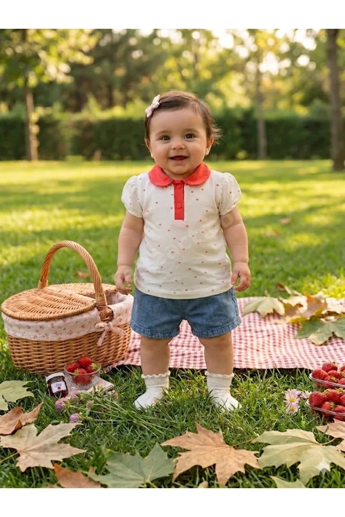 Kız Bebek Minik Kalp Detaylı Polo Yaka 2'li Kot Şort Takım