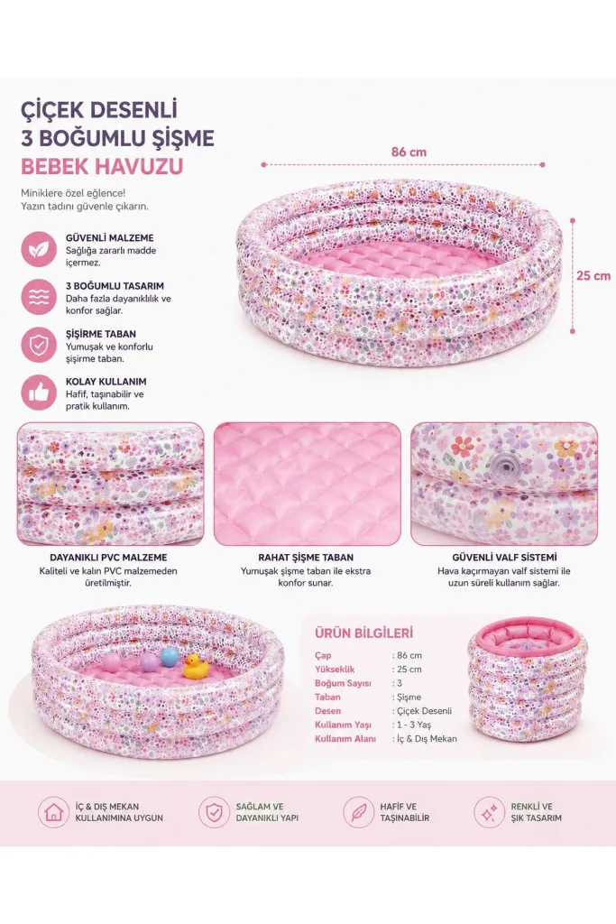 ÇİÇEK DESENLİ 3 BOĞUMLU ŞİŞME BEBEK HAVUZU 86 CM CAPINDA 25 CM DERİNLIK