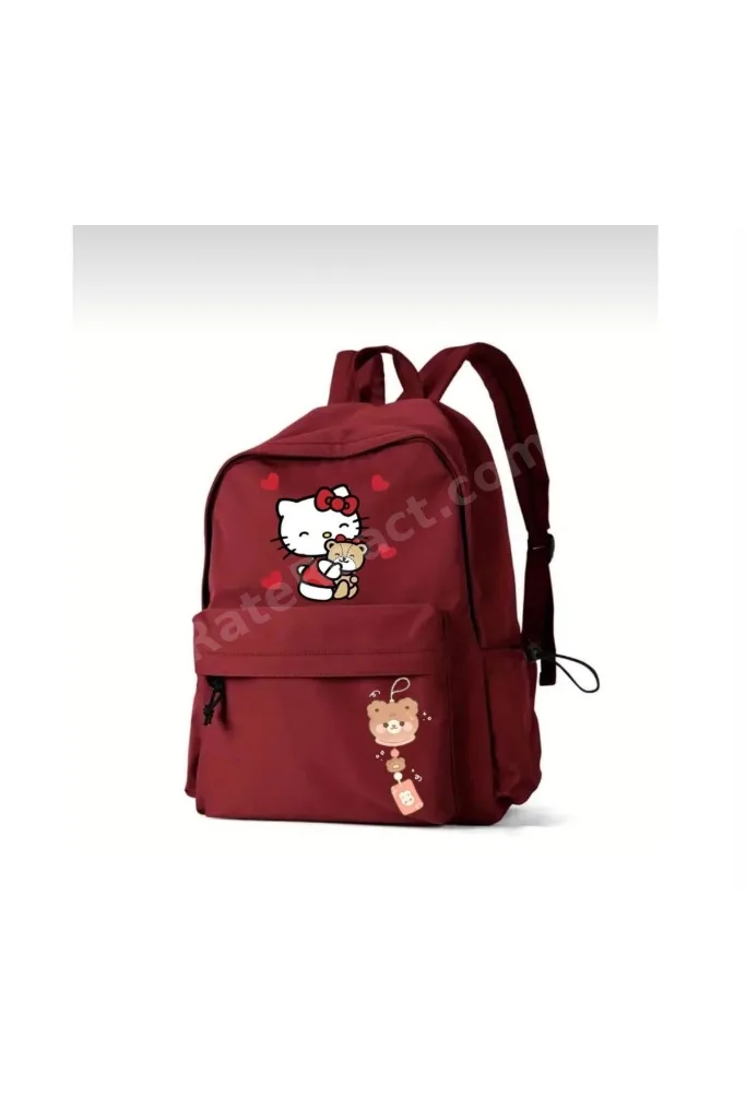 Hello Kitty Cat Costume Bordo Renk Çift Baskılı Okul, Kurs , Dershane Sırt Çantası