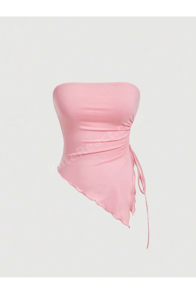 Pembe Asimetrik Likralı Yan Büzgülü Yazlık Bluz, Toz Pembe Straplez, Askısız Esnek Şeker Pembe Crop