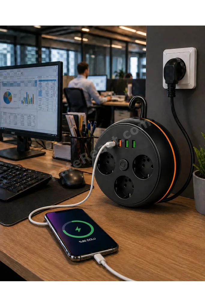Akım Korumalı Makaralı Priz 2 Metre Kablo 3lü Çoklu Priz USB Type-C Hızlı Şarj Güvenlikli Anahtarlı