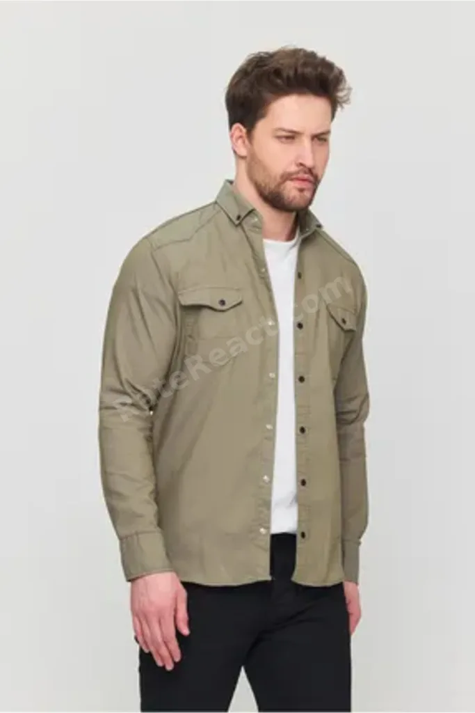 Slim Fit Dar Kalıp Kot Gömlek Açık Haki